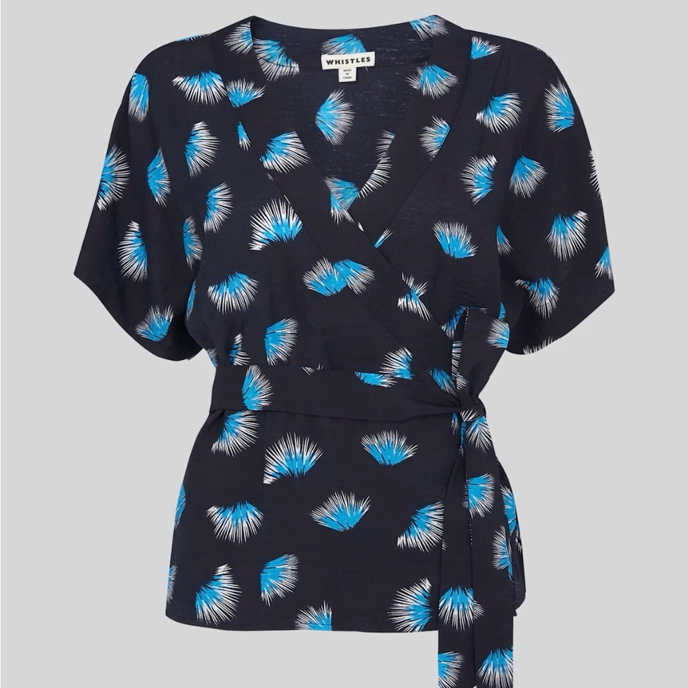 Whistles Black Coral Print Wrap Top - short sleeved - size US 6 (UK 10)